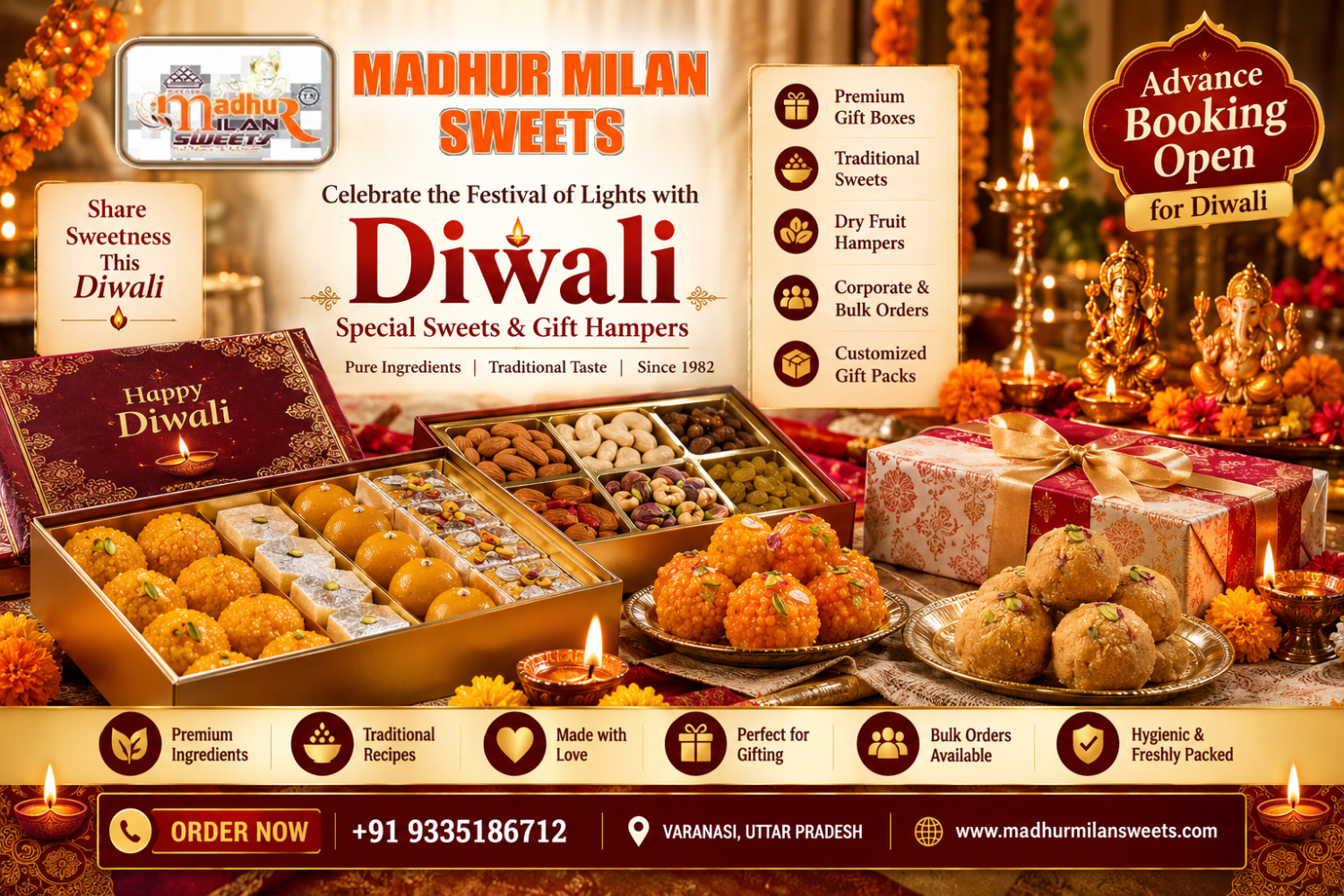 Diwali 2026 Special Sweets & Gift Hampers in Varanasi – Advance Booking Open | Madhur Milan Sweets